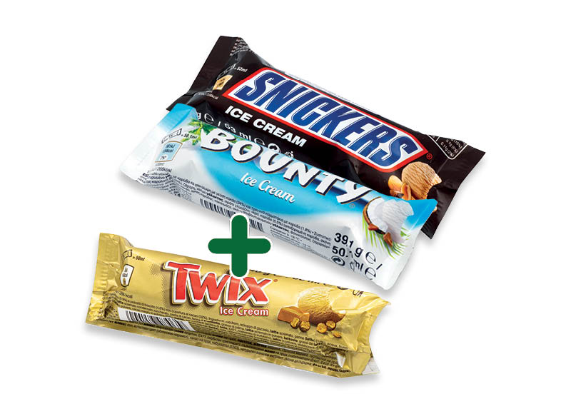 Valgomieji ledai SNICKERS, BOUNTY, TWIX, MARS
			, 
				 300 g, 1,49 Eur/vnt. A lygio parduotuvėse