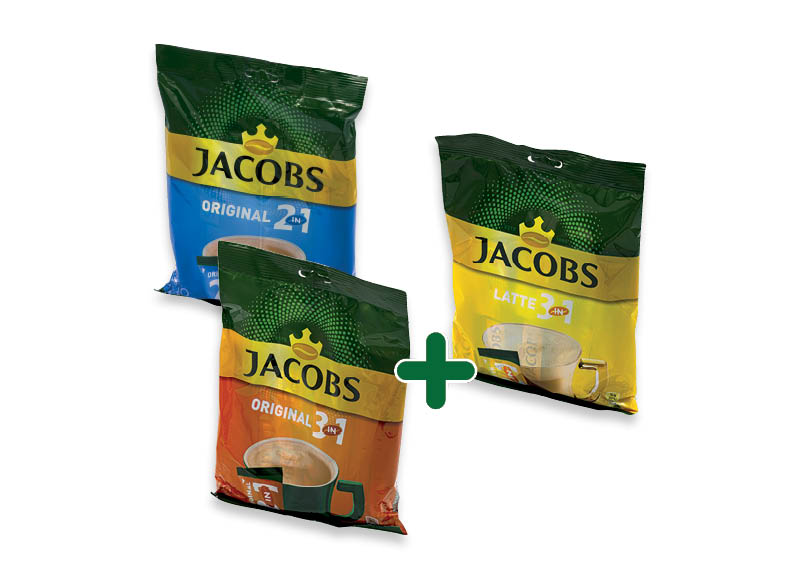 Tirpiosios kavos gėrimas JACOBS
			, 
				 (maišeliais po 10 vnt.) 125 g, 140 g, 152 g, 3 rūšių, 2,45 Eur/vnt