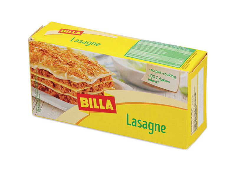 BILLA lazanijos lakštai be kiaušinių
			, 
				 500 g, 3,18 Eur/kg. A lygio parduotuvėse