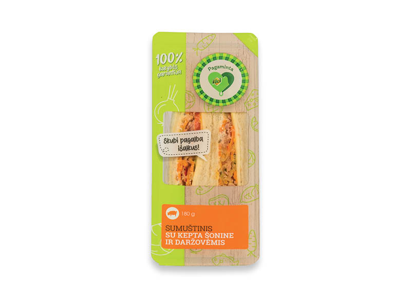 PAGAMINTA IKI trikampis sumuštinis su kepta šonine ir daržovėmis
			, 
				 180 g, 12,17 Eur/kg. Ir IKI EXPRESS