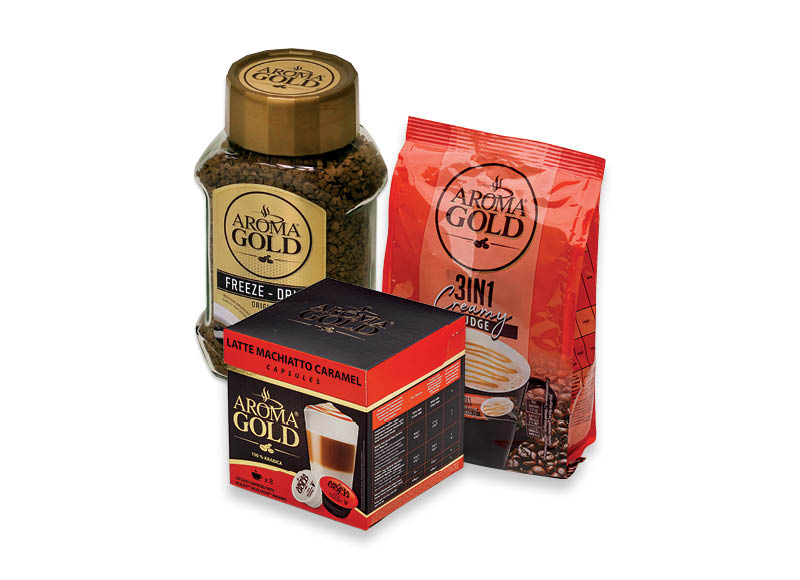 Tirpiajai kavai, tirpiosios kavos gėrimams ir kapsulėms AROMA GOLD
			, 
				 Įvairių rūšių