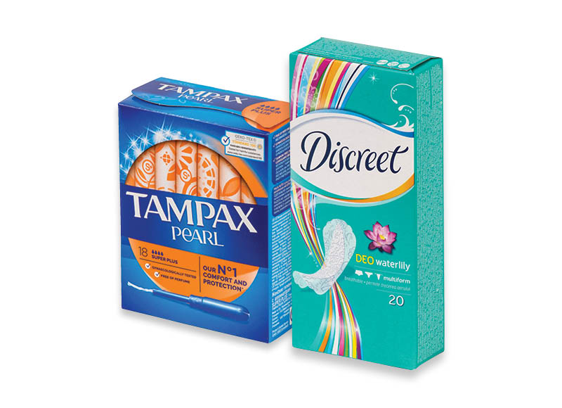 Tamponams TAMPAX ir higieniniams paketams DISCREET
			, 
				 9 rūšių