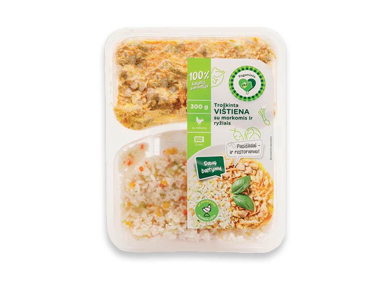 PAGAMINTA IKI troškinta vištiena su morkomis ir ryžiais
			, 
				 300 g, 9,30 Eur/kg. A lygio parduotuvėse