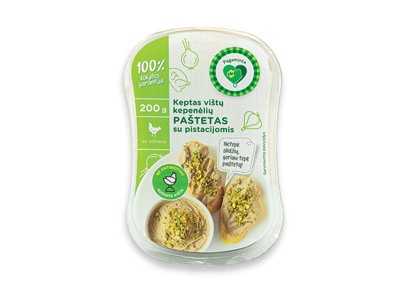 Keptas vištų kepenėlių paštetas su pistacijomis
			, 
				 200 g, 14,95 Eur/kg. A lygio parduotuvėse
