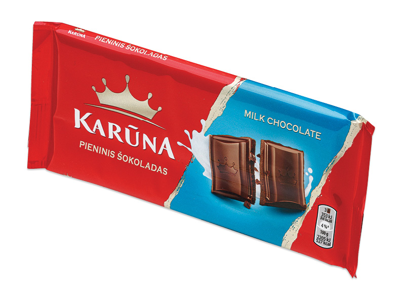 Pieninis šokoladas KARŪNA
			, 
				 80 g, 9,88 Eur/kg. A lygio parduotuvėse. Ir IKI EXPRESS