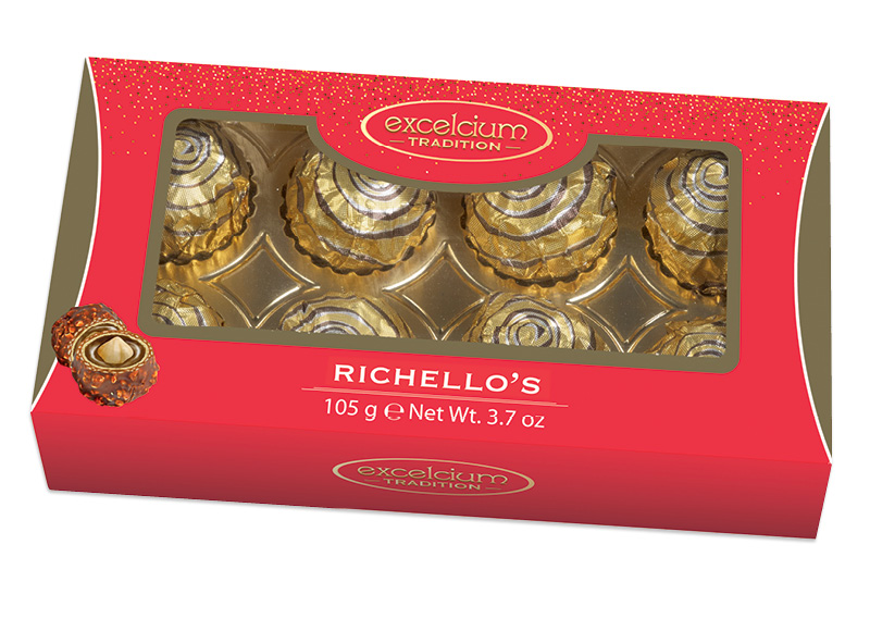 Traškus vaflis RICHELLO su pieninio šokolado ir lazdynų riešutų įdaru
			, 
				 105 g, 23,71 Eur/kg. A lygio parduotuvėse