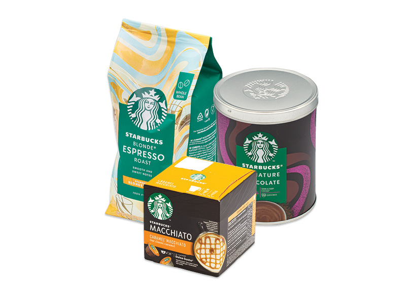 Kavos pupelėms, kapsulėms ir kakavai STARBUCKS
			, 
				 Įvairių rūšių. A lygio parduotuvėse