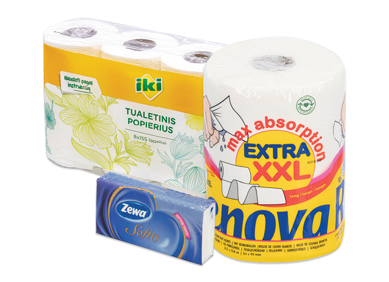 Tualetiniam popieriui, popieriniams rankšluosčiams ir nosinaitėms
			, 
				 Įvairių rūšių. Ir IKI EXPRESS