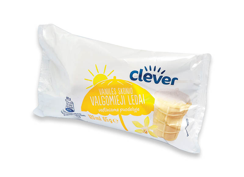 CLEVER vanilės skonio ledai vafliniame puodelyje
			, 
				 120 ml, 2,42 Eur/l. A lygio parduotuvėse
