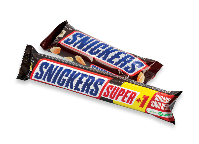 Šokoladiniams batonėliams SNICKERS
			, 
				 36 g, 50 g, 112 g, 200 g, 4 rūšių. Ir IKI EXPRESS