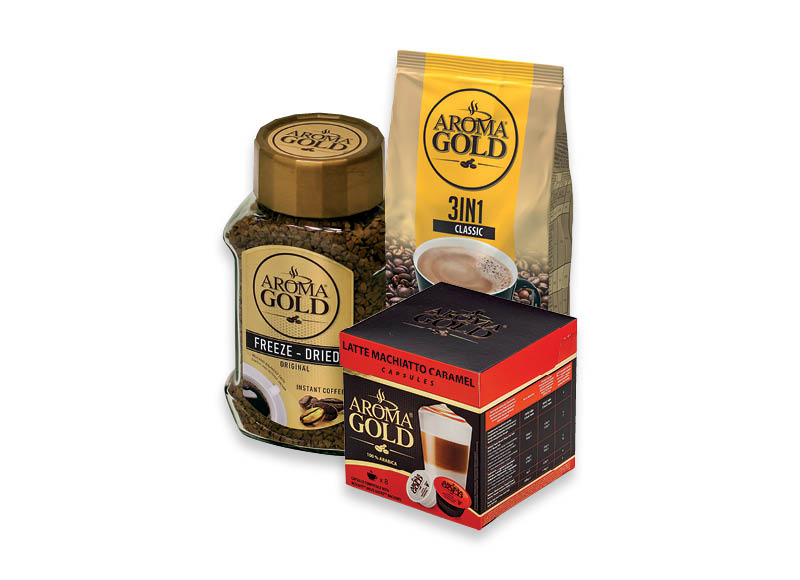 Tirpiajai kavai, tirpiosios kavos gėrimams ir kapsulėms AROMA GOLD
			, 
				 Įvairių rūšių