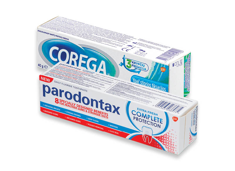 Burnos priežiūros priemonėms PARODONTAX ir COREGA
			, 
				 Įvairių rūšių