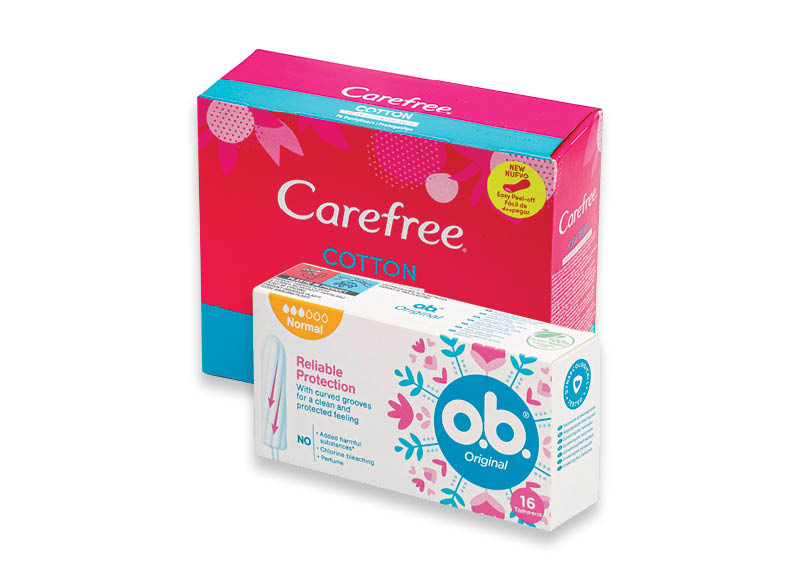 Higieniniams įklotams, paketams CAREFREE ir O. B.
			, 
				 Įvairių rūšių