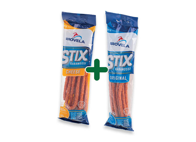 BIOVELOS dešrelės KABANOSSI STIX
			, 
				 100 g, 2 rūšių 3,29 Eur/vnt. A lygio parduotuvėse