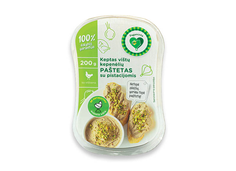 Keptas vištų kepenėlių paštetas su pistacijomis
			, 
				 200 g, 14,95 Eur/kg. A lygio parduotuvėse
