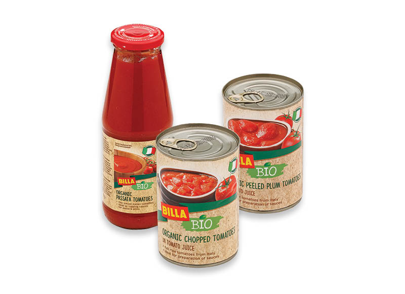 BILLA BIO konservuotiems ekologiškiems pomidorams
			, 
				 425 ml, 680 ml, 3 rūšių. A lygio parduotuvėse