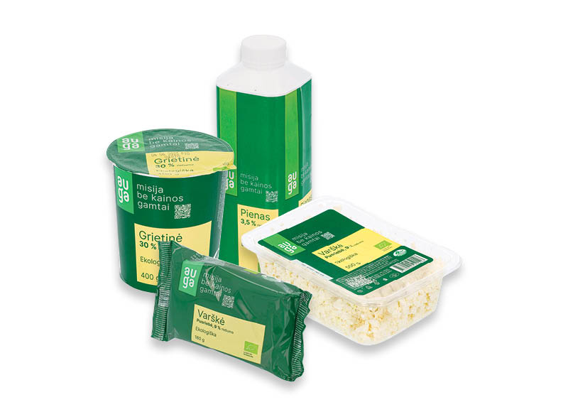 Ekologiškiems pieno produktams AUGA
			, 
				 1 l, 180 g, 400 g, 500 g, 4 rūšių. A lygio parduotuvėse