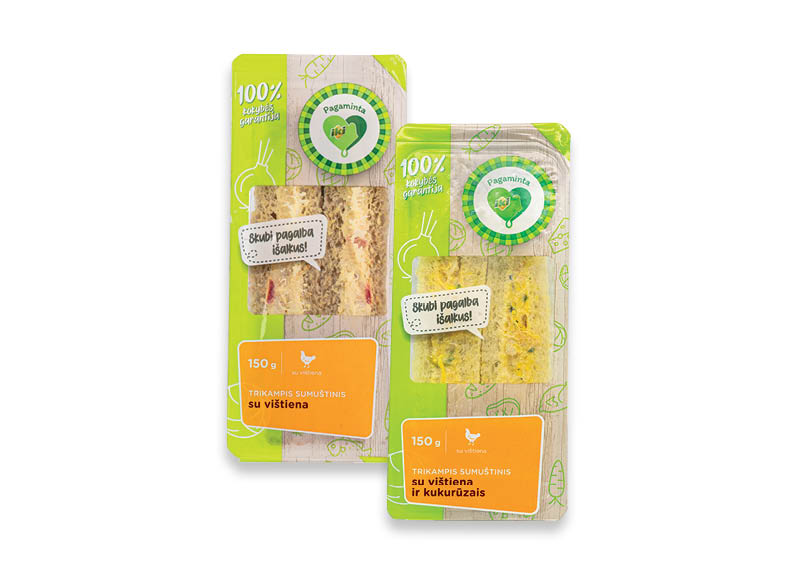 PAGAMINTA IKI trikampiai sumuštiniai su vištiena
			, 
				 150 g, 2 rūšių, 14,60 Eur/kg