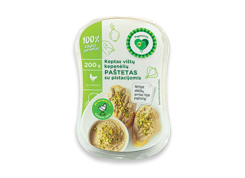 Keptas vištų kepenėlių paštetas su pistacijomis
			, 
				 200 g, 14,95 Eur/kg. A lygio parduotuvėse