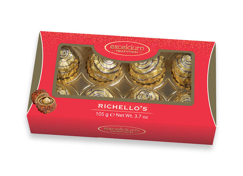 Traškus vaflis RICHELLO’S su pieninio šokolado ir lazdynų riešutų įdaru
			, 
				 105 g, 23,71 Eur/kg. A lygio parduotuvėse