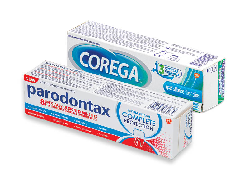 Burnos priežiūros priemonėms PARODONTAX ir COREGA
			, 
				 9 rūšių