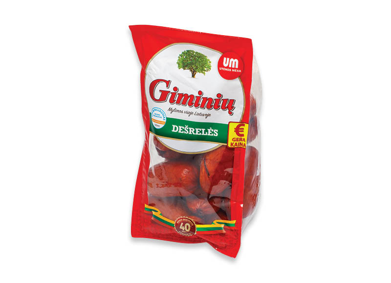 Karštai rūkytos GIMINIŲ dešrelės
,
800 g, 4,99 Eur/kg Karštai rūkytos GIMINIŲ dešrelės
,
800 g, 4,99 Eur/kg