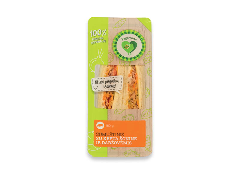 PAGAMINTA IKI trikampis sumuštinis su kepta šonine ir daržovėmis
			, 
				 180 g, 12,17 Eur/kg. Ir IKI EXPRESS