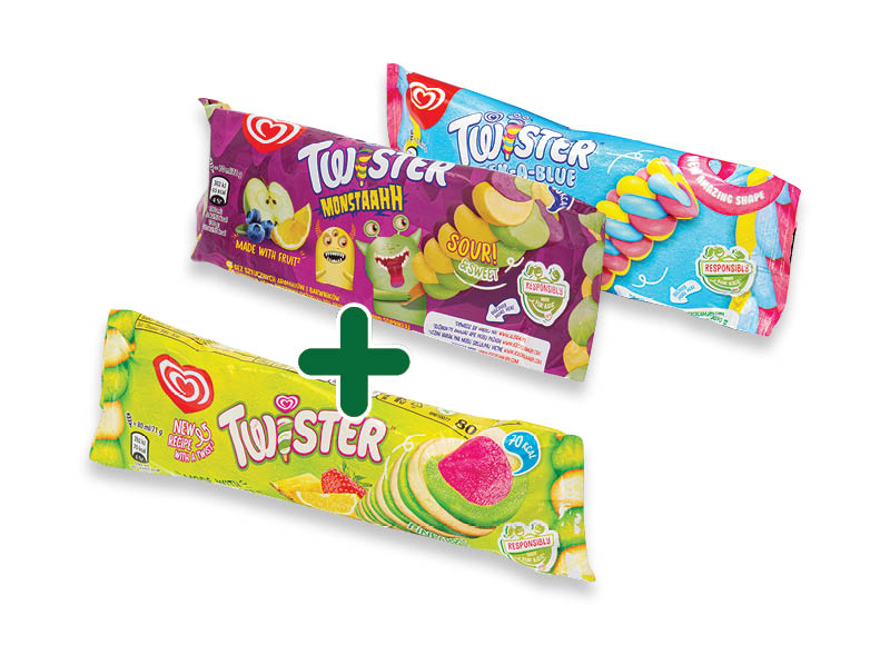 Valgomieji ledai TWISTER
			, 
				 70 ml, 3 rūšių, 1,09 Eur/vnt. A lygio parduotuvėse