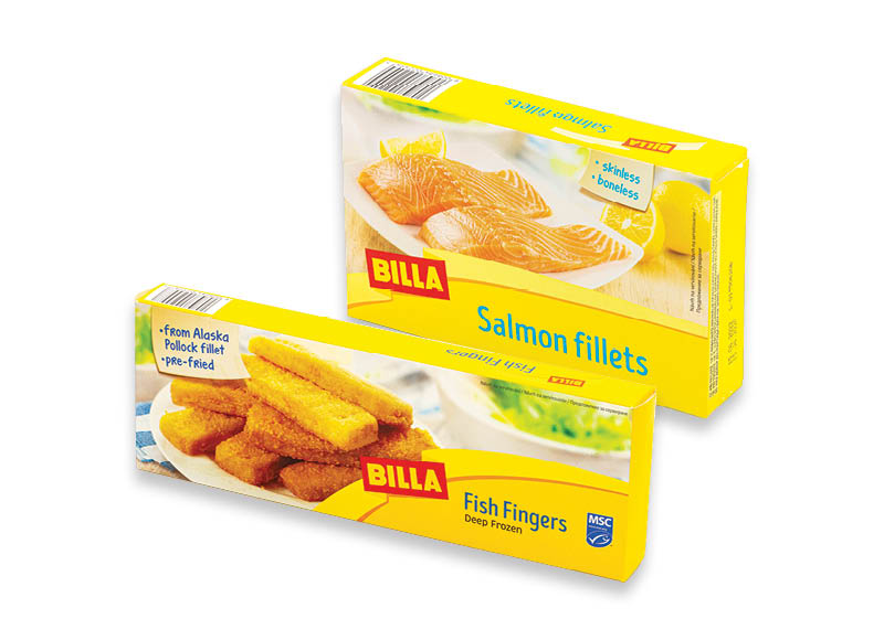 BILLA šaldytai žuvų produkcijai
			, 
				 250 g, 400 g, 450 g, 3 rūšių. A lygio parduotuvėse