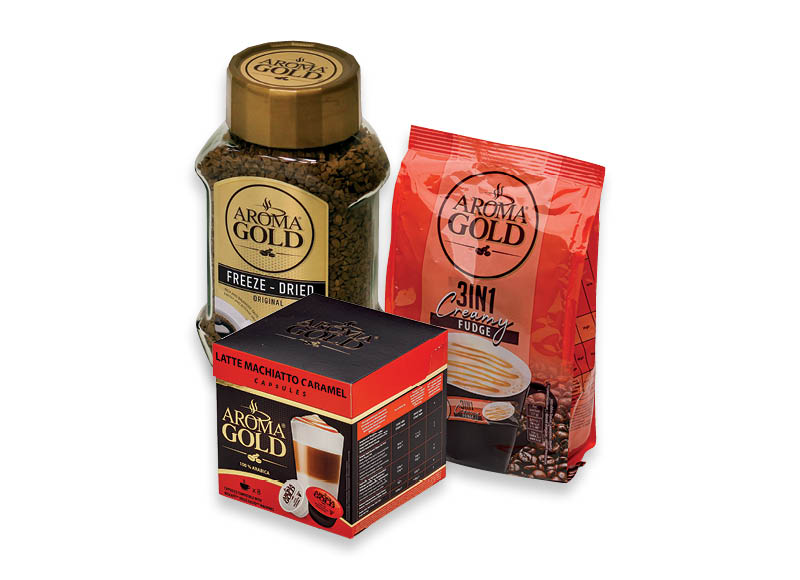 Kavos kapsulėms, tirpiajai kavai, kavos gėrimams AROMA GOLD
			, 
				 Įvairių rūšių. A lygio parduotuvėse. Ir IKI EXPRESS