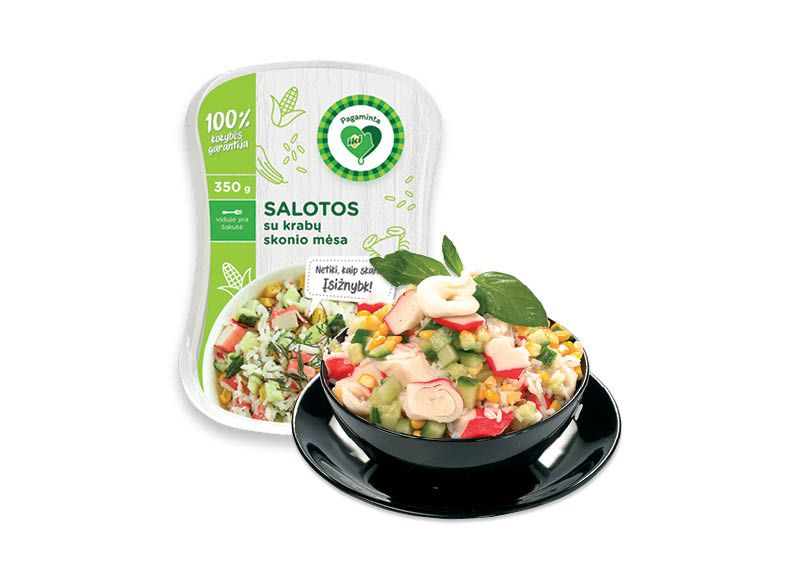 PAGAMINTA IKI salotos su krabų skonio mėsa
			, 
				 350 g, 5,97 Eur/kg. Ir IKI EXPRESS