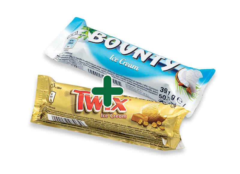 Valgomieji ledai SNICKERS, BOUNTY, TWIX, MARS
			, 
				 5 rūšių, 1,09 Eur/vnt. A lygio parduotuvėse