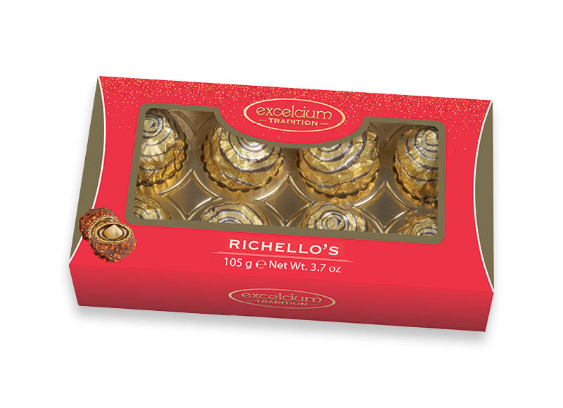 Saldainių dėžutė RICHELLO’S su pienininio šokolado ir lazdynų riešutų įdaru
			, 
				 105 g, 23,71 Eur/kg. A lygio parduotuvėse