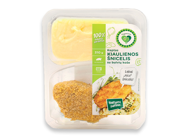 PAGAMINTA IKI keptas kiaulienos šnicelis su bulvių koše
			, 
				 310 g, 10,61 Eur/kg. A lygio parduotuvėse