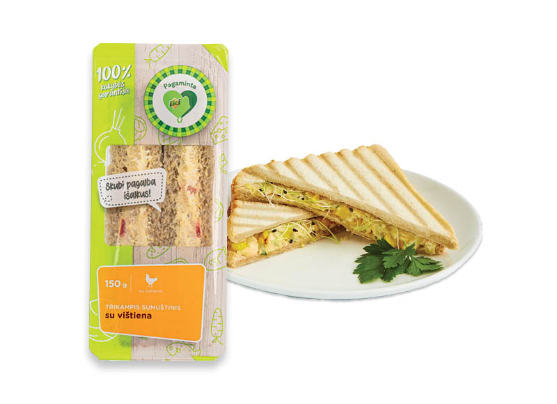 PAGAMINTA IKI trikampiai sumuštiniai su vištiena
			, 
				 150 g, 2 rūšių, 14,60 Eur/kg