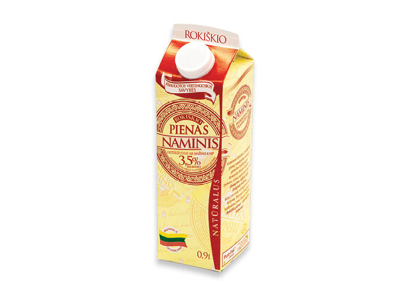 Natūralus ROKIŠKIO NAMINIS PIENAS
			, 
				 0,9 l, 3,5 % rieb., 1,32 Eur/l
