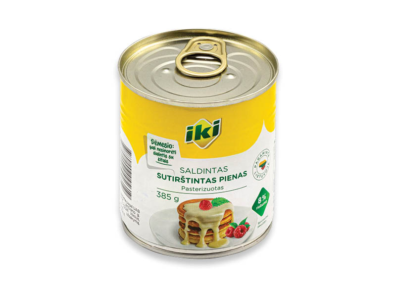 IKI saldintas sutirštintas pienas
			, 
				 385 g, 8 % rieb., 4,13 Eur/kg. Ir IKI EXPRESS