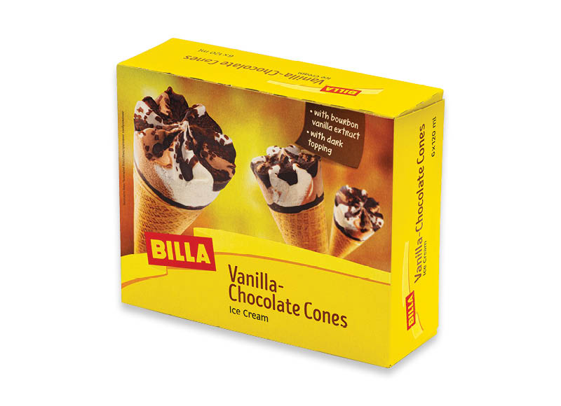 BILLA valgomieji vanilės ir šokolado skonio ledai vafliniame ragelyje
			, 
				 6&#215;120 ml, 3,46 Eur/l