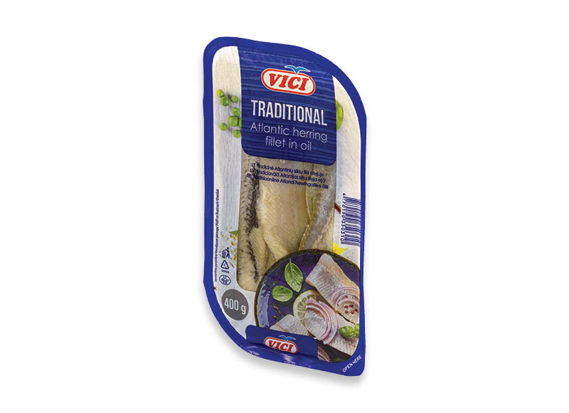 Sūdyta TRADICINĖ silkių filė aliejuje
			, 
				 400 g, 4,48 Eur/kg