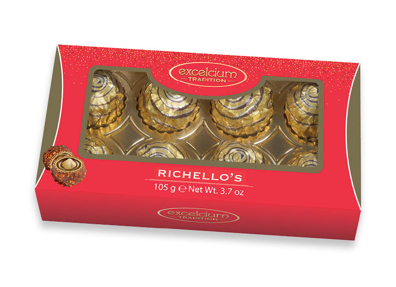 Traškus vaflis RICHELLO supieninio šokolado ir lazdynų riešutų įdaru
			, 
				 105 g, 23,71 Eur/kg