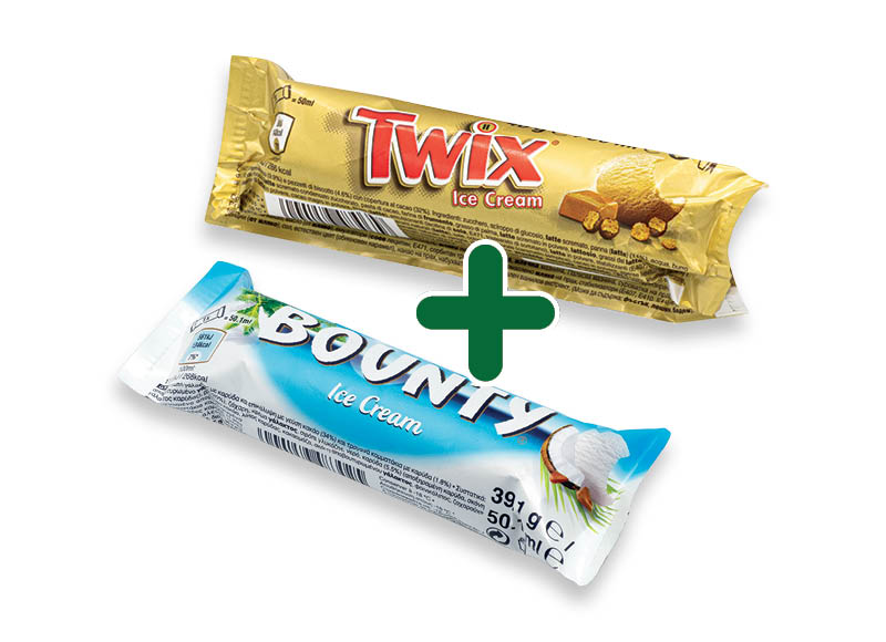 Valgomieji ledai SNICKERS, BOUNTY, MARS, TWIX
			, 
				 5 rūšių, 1,09 Eur/vnt
