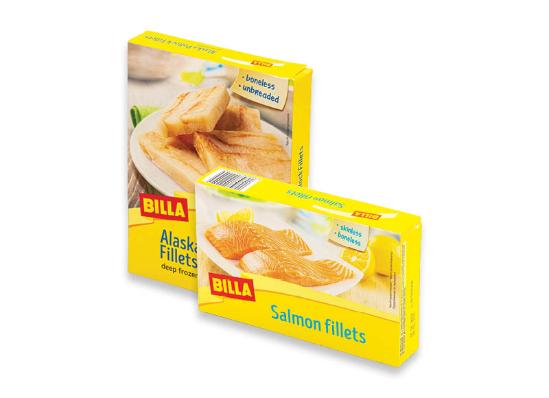 BILLA šaldytai žuvų produkcijai
			, 
				 250 g, 400 g, 450 g, 4 rūšių