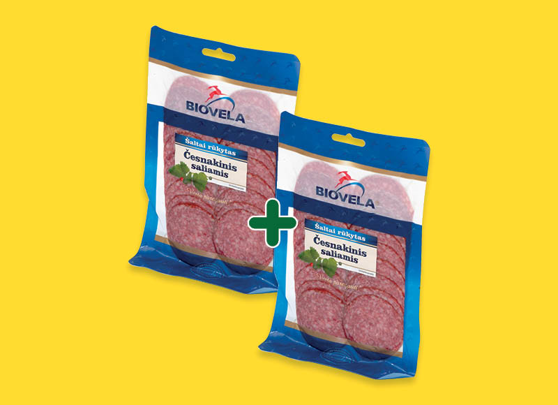 Šaltai rūkytas ČESNAKINIS saliamis griežinėliais
			, 
				 110 g, 2,29 Eur/vnt. Ir IKI EXPRESS