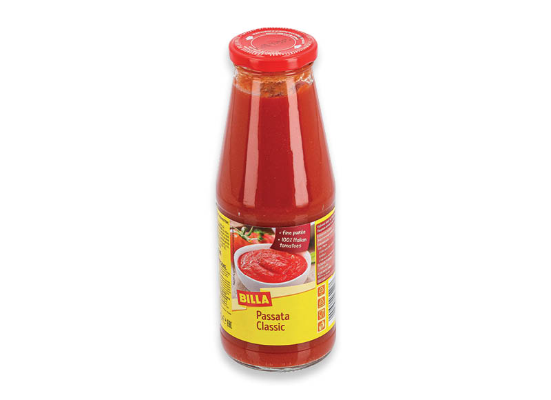 BILLA trintų pomidorų tyrė
			, 
				 700 g, 2,13 Eur/kg