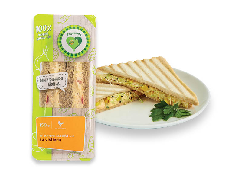 PAGAMINTA IKI trikampiai sumuštiniai su vištiena
			, 
				 150 g, 2 rūšių, 14,60 Eur/kg