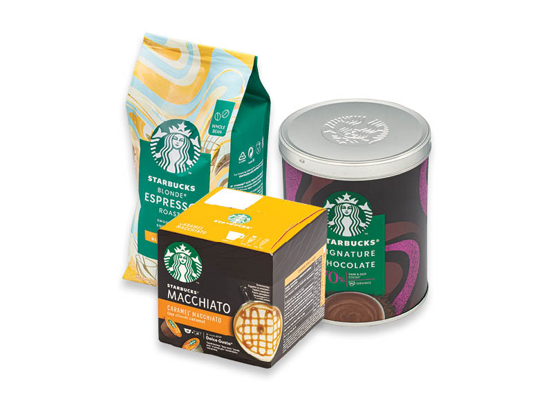 Kavos kapsulėms, pupelėms ir kakavai STARBUCKS
			, 
				 Įvairių rūšių. Ir IKI EXPRESS