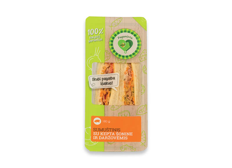 PAGAMINTA IKI trikampis sumuštinis su kepta šonine ir daržovėmis
			, 
				 180 g, 12,17 Eur/kg. Ir IKI EXPRESS