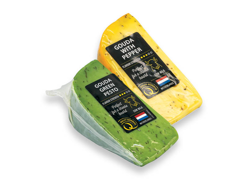 Puskietis fermentinis sūris GOUDA su pipirais ar su bazilikais ir česnakais
			, 
				 130 g, 2 rūšių, 19,15 Eur/kg