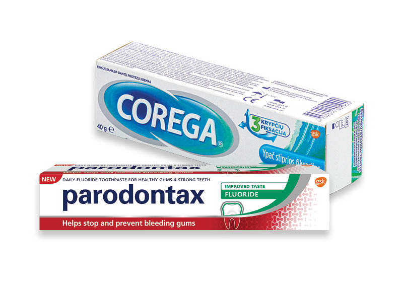 Burnos priežiūros priemonėms PARODONTAX ir COREGA
			, 
				 9 rūšių