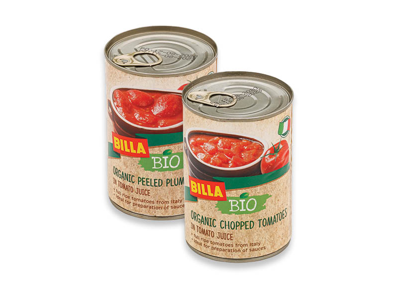 BILLA BIO konservuoti pomidorai
			, 
				 425 ml, 2 rūšių, 2,33 Eur/l